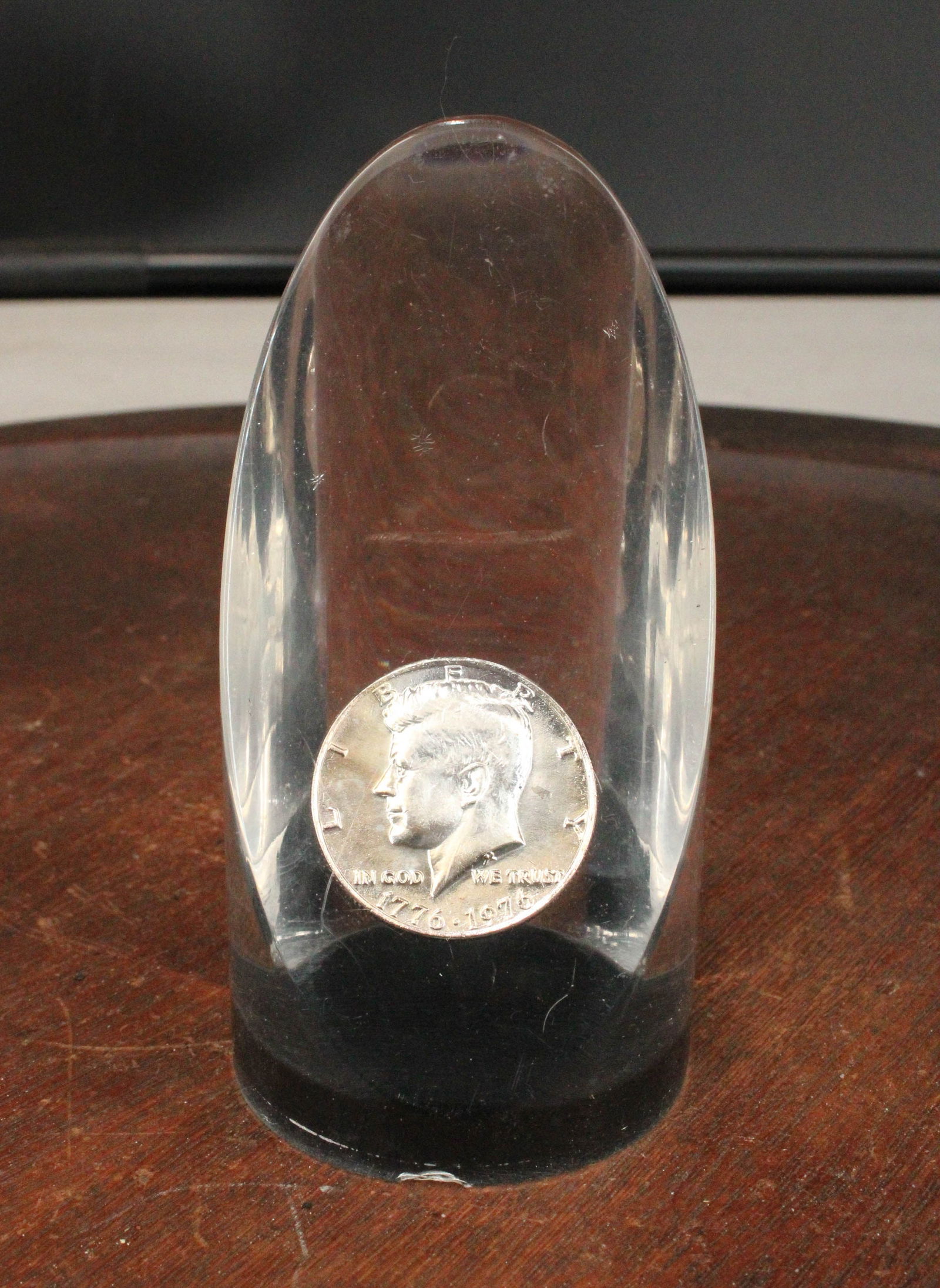 Bicentennial Kennedy Silver Half Dollar, Lucite: Bicentennial Kennedy Silver Half Dollar, Lucite Capsule. Size: 4"H x 2" Dia