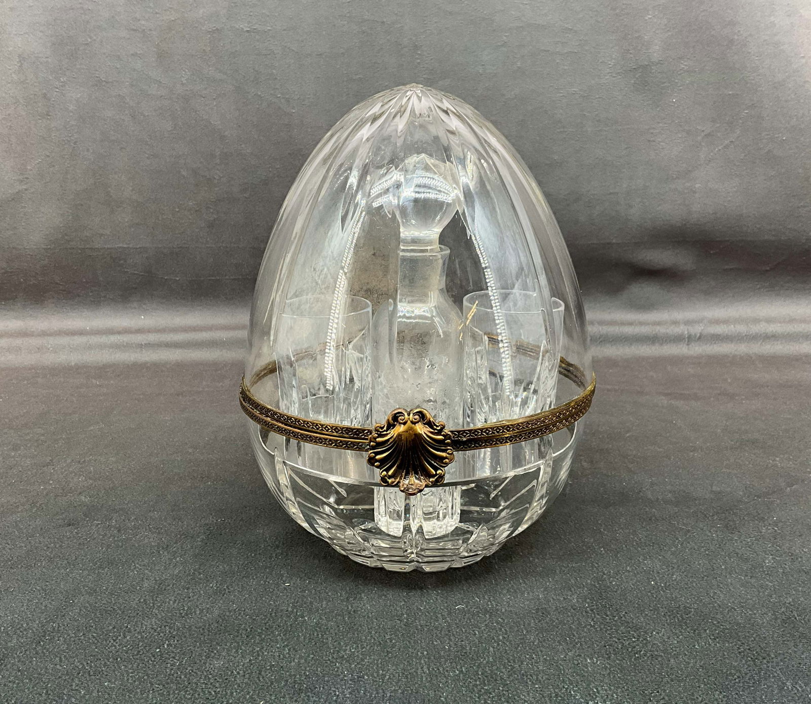 French Brunner Crystal Egg Case Cordial Tantalus: French Brunner Crystal Egg Case Cordial Tantalus. Size: 7.25"H x 5.5"W x 5.75"D