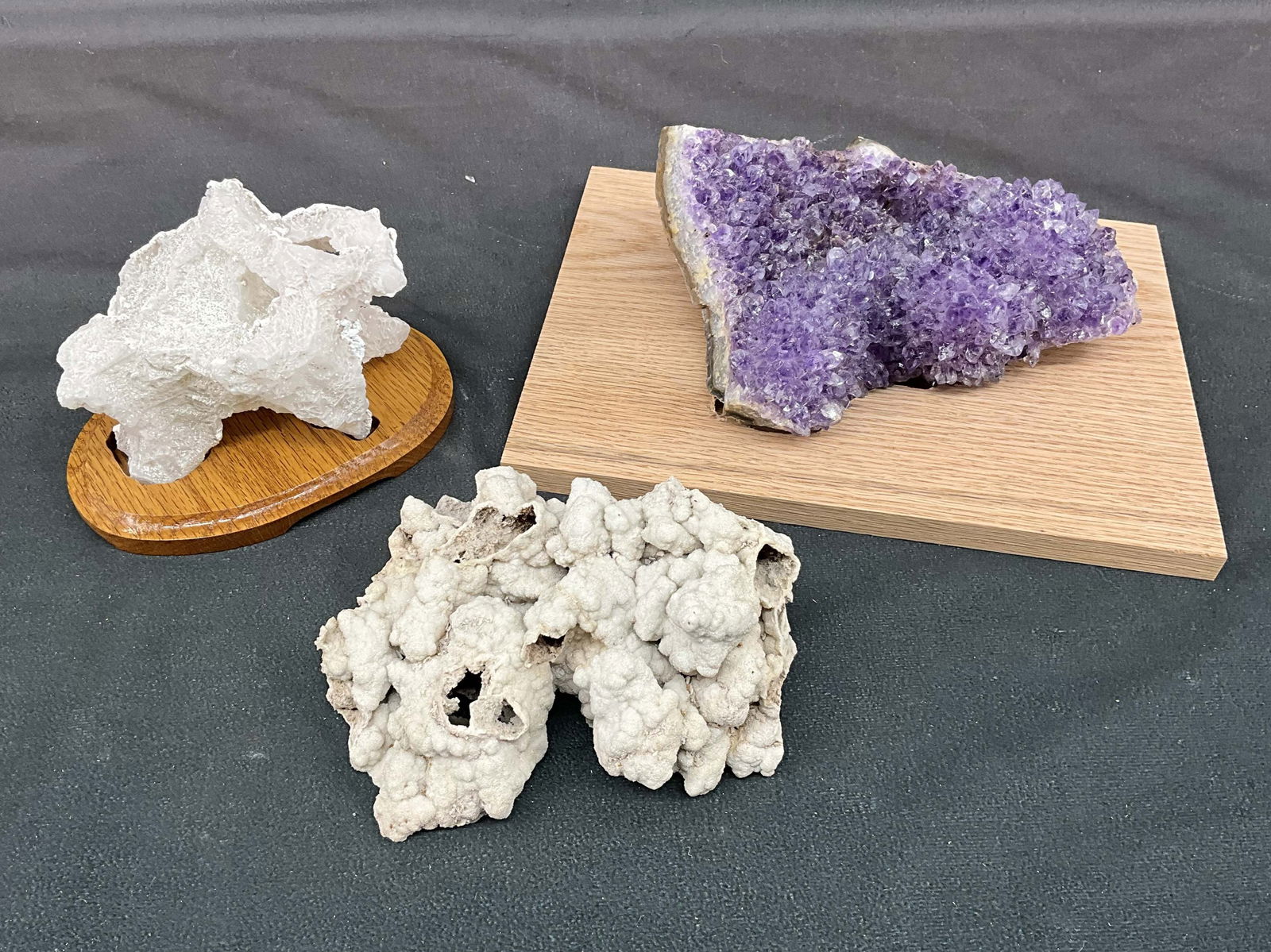 Amethyst, Sand Selenite, Grey Druzy: Amethyst plate on custom stand in progress, sand selenite formation with two windows, and grey druzy (Missouri) Size: largest 3"T x 7.5"L x 6"D