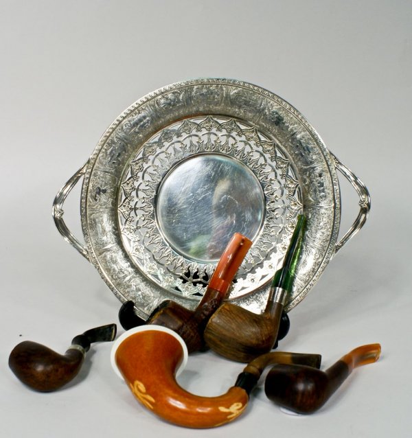 5 Pipes on a Silver Tray: Meerschaum Calibash, K & P P: A collection of five pipes, all smoked, including an engraved Meerschaum Calibash, an Irish K&P Petersons with sterling band, a GBD London #145 Velvet, an Israeli Alpha Signature, and a sterling bande