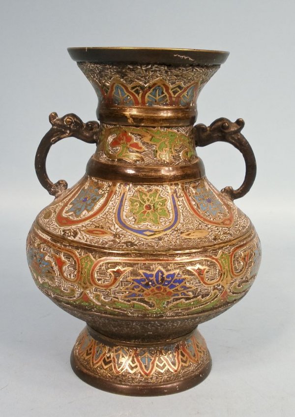 Chinese Gilt Bronze Champleve Vase: A 9 1/2"h Chinese gilt bronze champleve vase decorated with lotus blooms and arabesques.