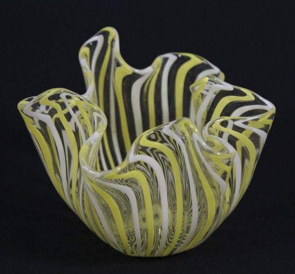 Venini Miniature Striped Fazzoletto Handkerchief Vase: A 1950s Venini fazzoletto/handkerchief vase, 2 1/2"h x 3"w, designed by Fulvio Bianconi. In hard to find miniature size, internally decorated with alternating ribbons of white and chiffon yellow. Acid