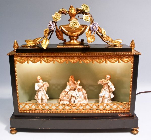 c1900 Lighted Theatre Scene w/ Dresden Figures: A c1900 lighted theatre scene with Dresden style musician figures, 15 1/2"h x 16"w. The theatre is surrounded by gilt beading and ormulu from the elaborate stage curtain to the urn that tops the scene