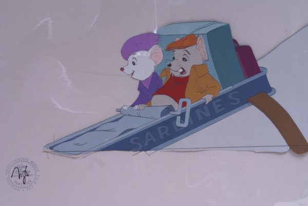Certified/Original 1977 Walt Disney Movie Film Cel, Bia: Certified & signed original Walt Disney Productions hand painted movie/film cel, illustrating Bianca and Bernard in a sardine can from the 1977 Disney animated feature, "The Rescuers."