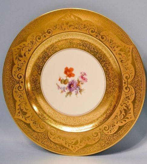 Bavarian Porcelain Charger w/ Stouffer Studios Gilding: A hand painted Bavarian 11 7/8" charger by Heinrich & Co., engraved and elaborately gilded in matte & gloss 22k by Stouffer Studio, a competitor to Pickard. Small flake to underside rim.