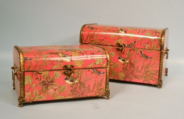 Pair of Decorative Boxes: A pair of contemporary boxes with bird & floral decoration, 9 1/2"w x 6"d x 5 1/4"h and 11"w x 8"d x 7"h.