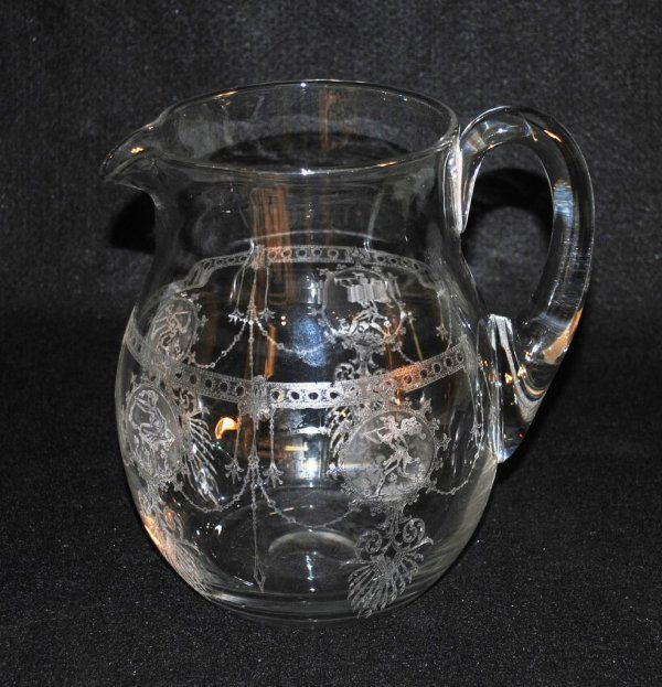 Heisey "Pied Piper" Water Pitcher: Heisey c. 1925 #4164 "Gallagher" 73oz hand blown water pitcher w/#439 Pied Piper" etching