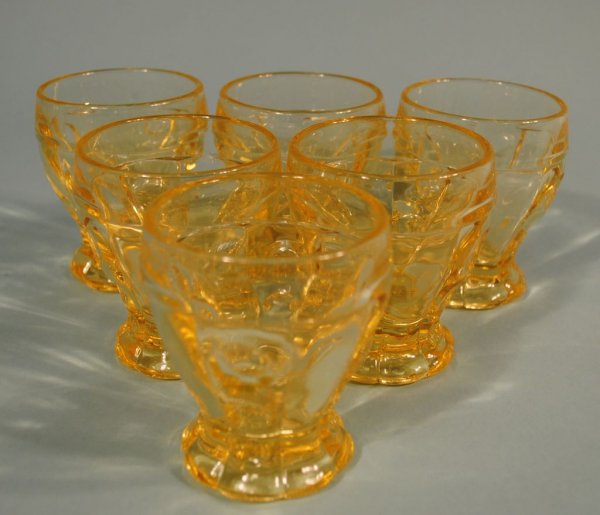 6 Heisey Sahara "Old Sandwich" Cocktail/Juice Tumblers: Set of 6 Heisey Sahara "Old Sandwich" 3 1/8"h Footed Cocktail/Juice Tumblers, all signed, one with nick at base foot mold seam.