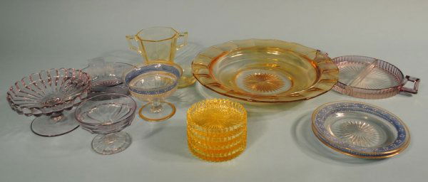 13 Piece Heisey: Decorated, Iridescent, Sun Purple, Sah: A grouping of 13 pieces of assorted Heisey, including 4 Sahara "Ridgeleigh" coasters, Sahara octagon sugar, Sahara individual ashtray, sun purple Crystolite compote, sun purple lemon dish (no lid), su
