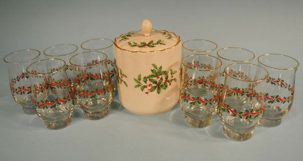 Lenox "Holiday" Cookie Jar w/10 Tumblers: An 8 1/2"h Lenox "Holiday" cookie/bisquit jar, together w/a set of 10 go-along tumblers