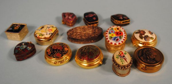 Collection of 13 Pill Boxes: Pietra Dura, Cloisonne, Si: A collection of 13 pill boxes, including an Italian micro-mosaic, a spun sterling, seven Cloisonne, Champleve, etc.