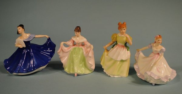4 Royal Doulton Ladies: "Ninette", "Elaine", "Sara", "Y: A group of four Royal Doulton lady figures: c1970 HN 3215 "Ninette", c1979 HN 3214 "Elaine", HN3219 "Sara" and c1994 HN 3654 "Young Melody"