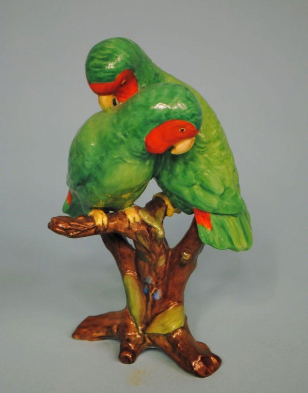 Spode Polychrome Porcelain Figurine of Two Parrots: Spode Polychrome Porcelain Figurine of Two Parrots, H. 7"