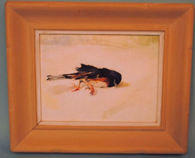 Elizabeth Wolfe painting of a Fallen Bird in Winter: Elizabeth "Bebe" Wolfe painting on board of a Fallen Bird in Winter, 9 1/4" x 12", in 14 1/4" x 17" Wolfe Studios frame, signed upper right "EW". Collection of Leigh Barrett Latimer