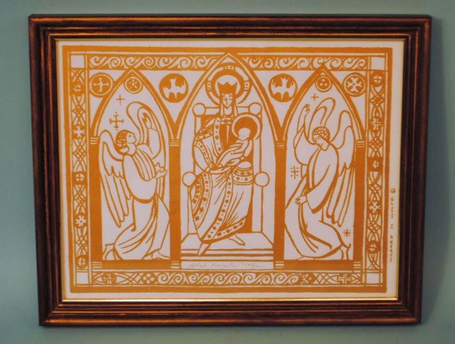 Mildred Wolfe Triptych Block Print: Mildred Nungester Wolfe (1912-2009), Jackson, Mississippi, gilt triptych block print of the Madonna and Child flanked by angels, 11" x 14", 12 1/2" x 15 1/2" framed, fully signed in pencil lower cente