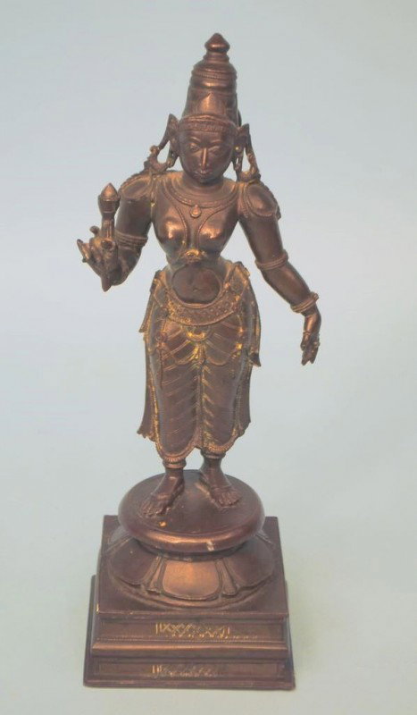 19th Century Indian Bronze Figure of "Tara" Hindu Deity: Antique Indian bronze figure of a deity holding a torch, rich brown patina, 12"h on a 3 1/2" square base.