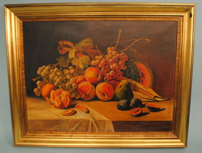 Fernand Renard, Table Still Life With Fruit: Fernand Renard (b. 1912), France, oil on canvas, Table Still Life with Peaches, Melons and Grapes, signed bottom right, 31 1/2"w x 24" canvas, 37 1/4" x 29 1/1"in fine gold leaf frame.