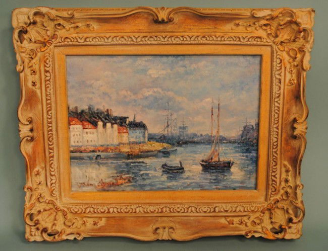 John Clymer "California Harbor": John Clymer "California Harbor Scene", oil on canvas, signed John Clymer lower left, in modern carved and painted wood frame, 18" x 22" Note: This item is signed John Clymer, not John Ford Clymer.