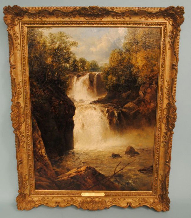 c1860 James Burrell Smith, Waterfall Landscape, Oil on : James Burrell Smith (1820-1885), Great Britain, oil on canvas, romantic waterfall landscape, signed lower right, canvas 24"h x 18, 29"h x 23" in vintage frame.