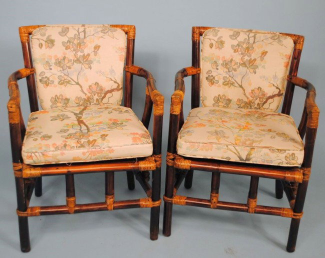 Pair Mid-Century Modern Fitz & Floyd Bamboo Armchairs: A matched pair of mid-century modern Fitz & Floyd Japanese style armchairs, upholstered seat and back. 31" h., 23" w., 18 1/2" d.