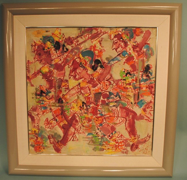 Mid-Century Modern Painting of Balinese Dancers: A mid-century modern semi-abstract painting of Balinese dancers, indecipherable signature lower right. Canvas 27" x 27", in 36" x 36" wooden frame.