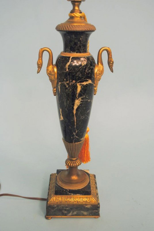 French Black Marble & Ormolu Urn Lamp: An elegant French marble lamp in the style of a Sevres urn, of black veined marble with ormolu serpent handles and mounts. 16"h to top of urn, 27 1/2"h to top of finial.
