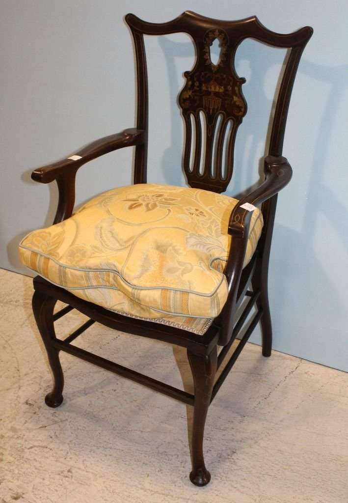Early 20th Century Queen Ann Style Arm Chair: Early 20th Century Queen Ann style arm chair with inlay on back splate and legs; 19" w., 20" d., 37" h.