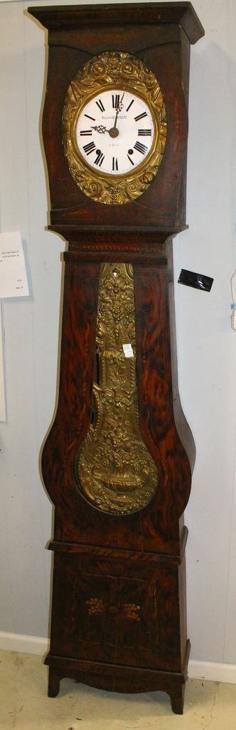 French Handpainted Grandfather Clock: 19th century French (Ferdinand Ronoblet) grandfather clock with hand painting, ornate brass, and enamel face; 19 1/2" w., 91 1/2" h.