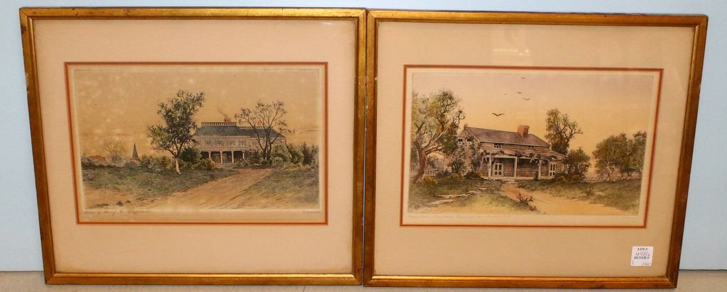 Two Tinted Etchings of Famous Poets Homes by G. Mercier: Two tinted etchings of famous poets' homes by G. Mercier. Homes of Edgar Allen Poe, Longfellow; 15" w., 13" h.