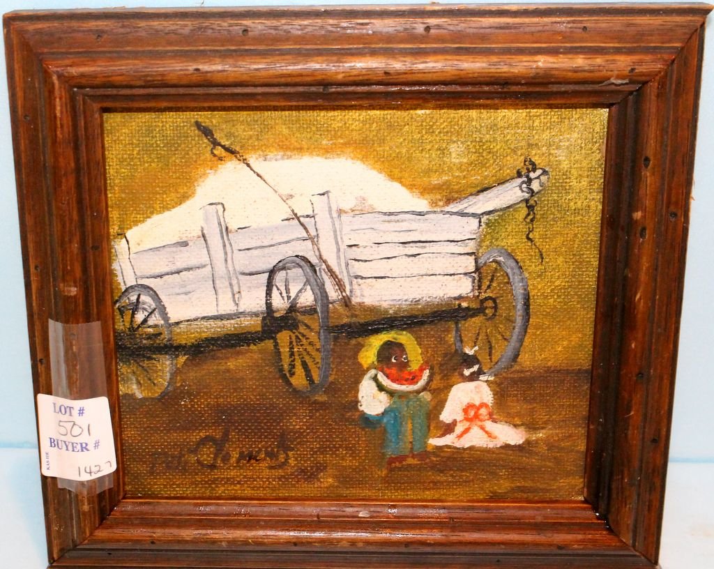 American Folk Art Painting of African American Children: American folk art painting of African American children eating watermelon (Pati Clements, Ala.); 7 1/2" w., 6 1/2" h.