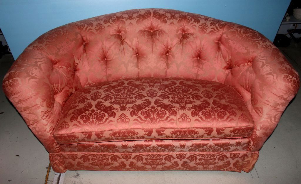 Pair Upholstered Settees: Pair of upholstered silk damask sofas with tufted backs. 87" w., 36" d., 38" h.