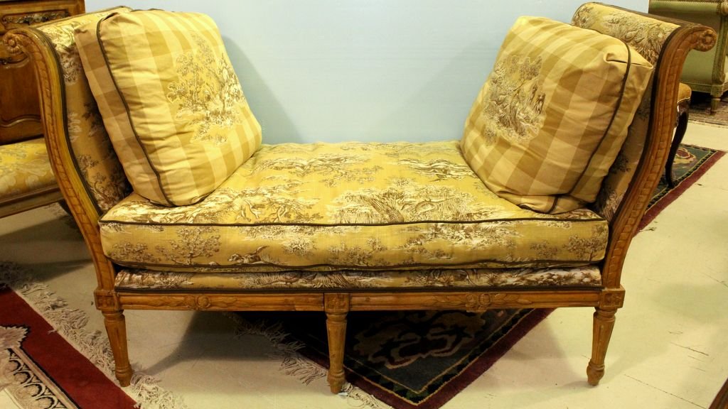 18th Century Gustavian Settee: 18th Century Gustavian Settee covered in a toile cotton/linen hunt scene with hunting scenes, has two pillows.; 60" w., 25 1/2" d., 37" h.