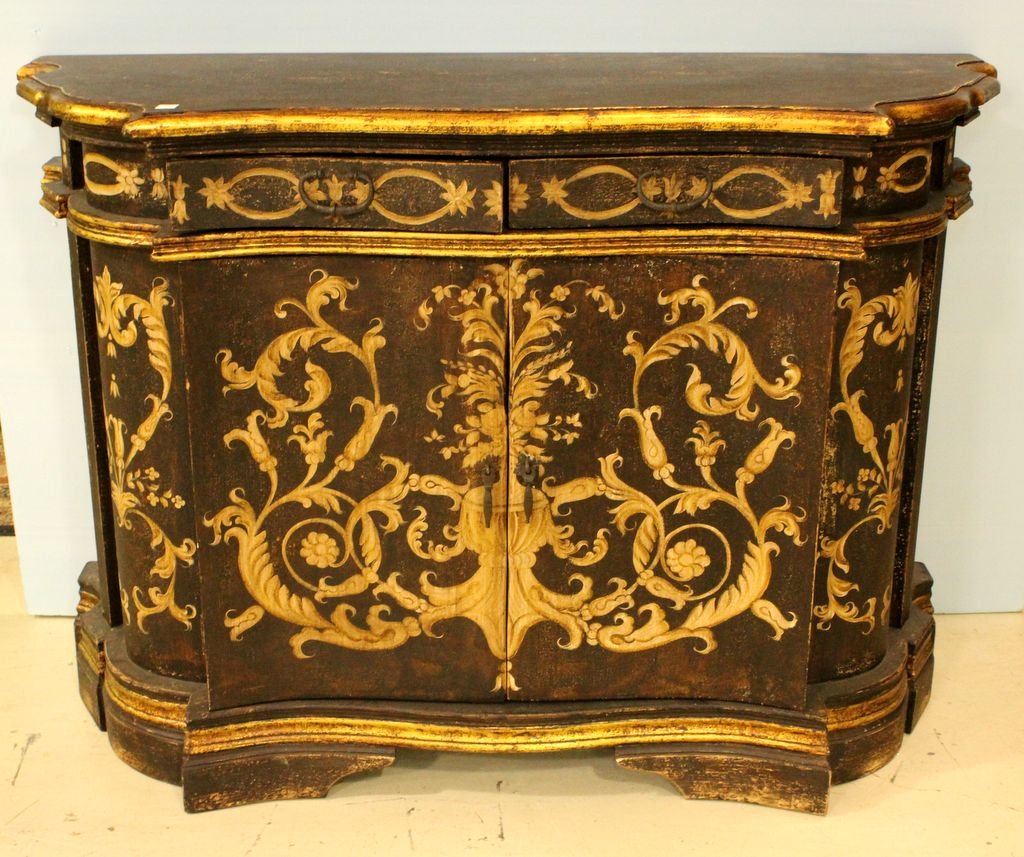Painted Black Credenza: Highly decorative black credenza with hand painted gold floral design with two drawers and two doors.; 55" w., 22" d., 42" h.