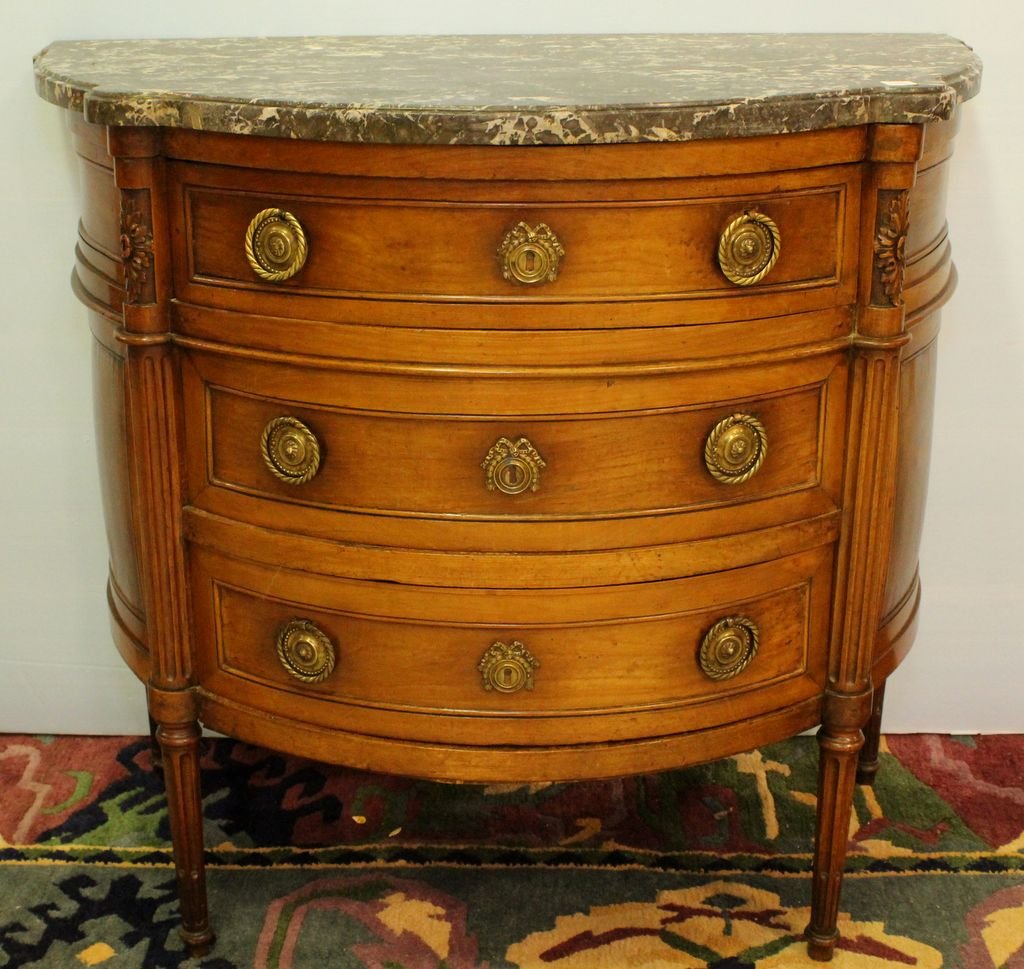 French Louis XVI Period Demi-Lune Commode from Southern: French Louis XVI Period Demi-Lune Commode from Southern France 18th Century with gray and white bowfront marble.; 36 1/2" w., 20" d., 34" h.