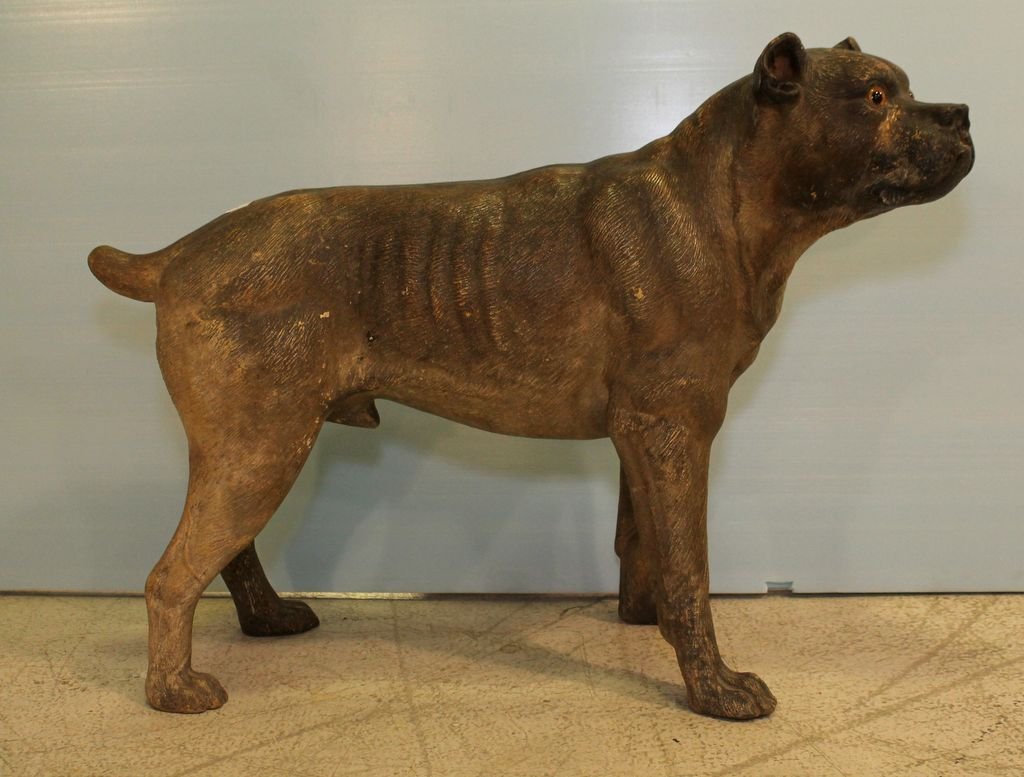 French Terra-cotta dog with glass eyes - Boxer: French Terra-cotta dog with glass eyes.; 22" long, 25" h.