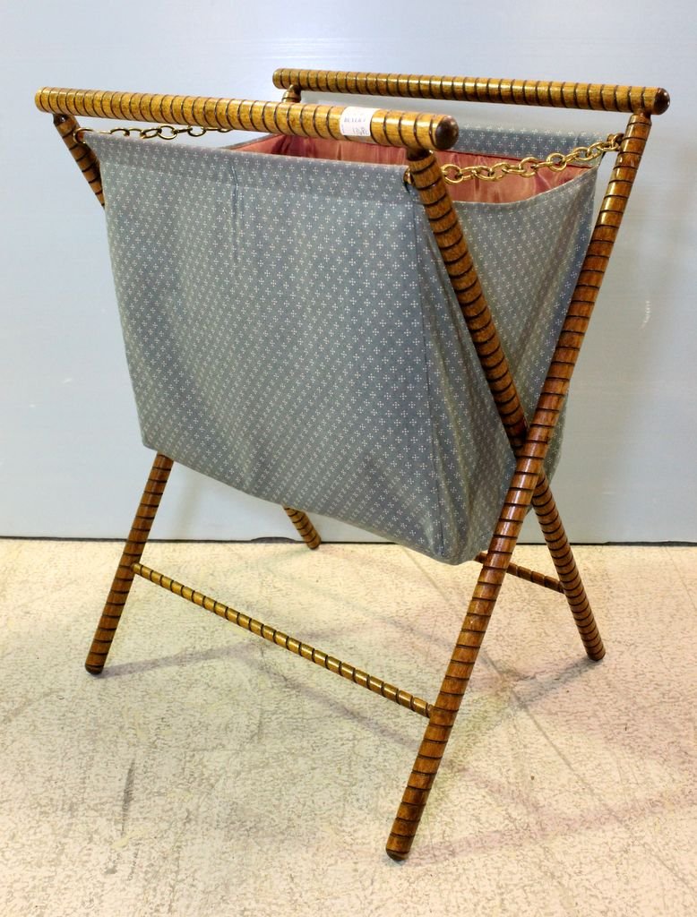 Sausage Turn Sewing Basket: Sausage turn sewing basket.; 17" w., 12" d., 22" h.