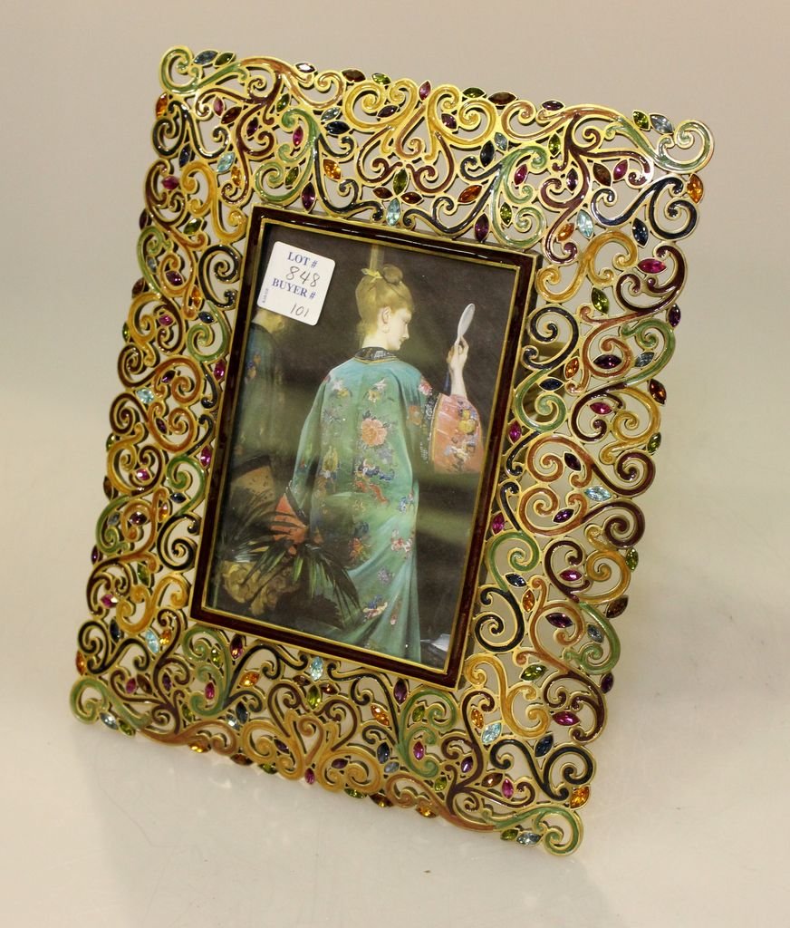 Jay Strongwater Frame: Jay Strongwater frame with highly enamel carving with stones.; 8 1/2" w., 11" h.