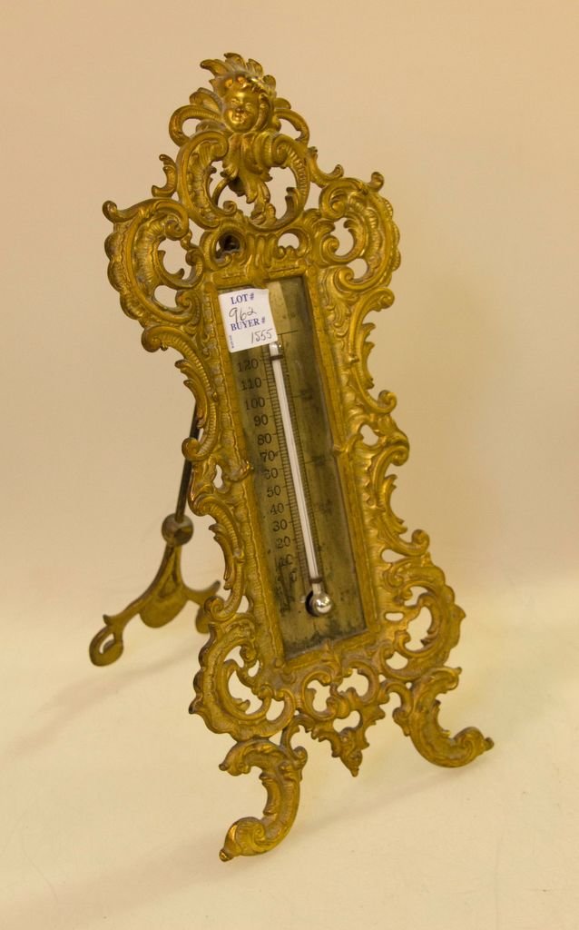 Bradley and Hubbard Thermometer: Bradley and Hubbard Victorian cast iron thermometer signed and numbered on back.; 6" w., 13 1/2" h.