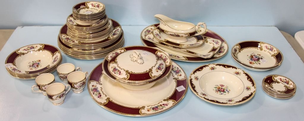 Myott Son and Company Staffordshire China Set: "The Bouquet" consisting of six 10 1/2" plates, four 10" plates, six 7" plates, six 6 1/4" plates, six berry bowls (chip), four cereal bowls, one 9" bowl, two 7 1/2" bowls, 13 1/2" dia. platter, platt