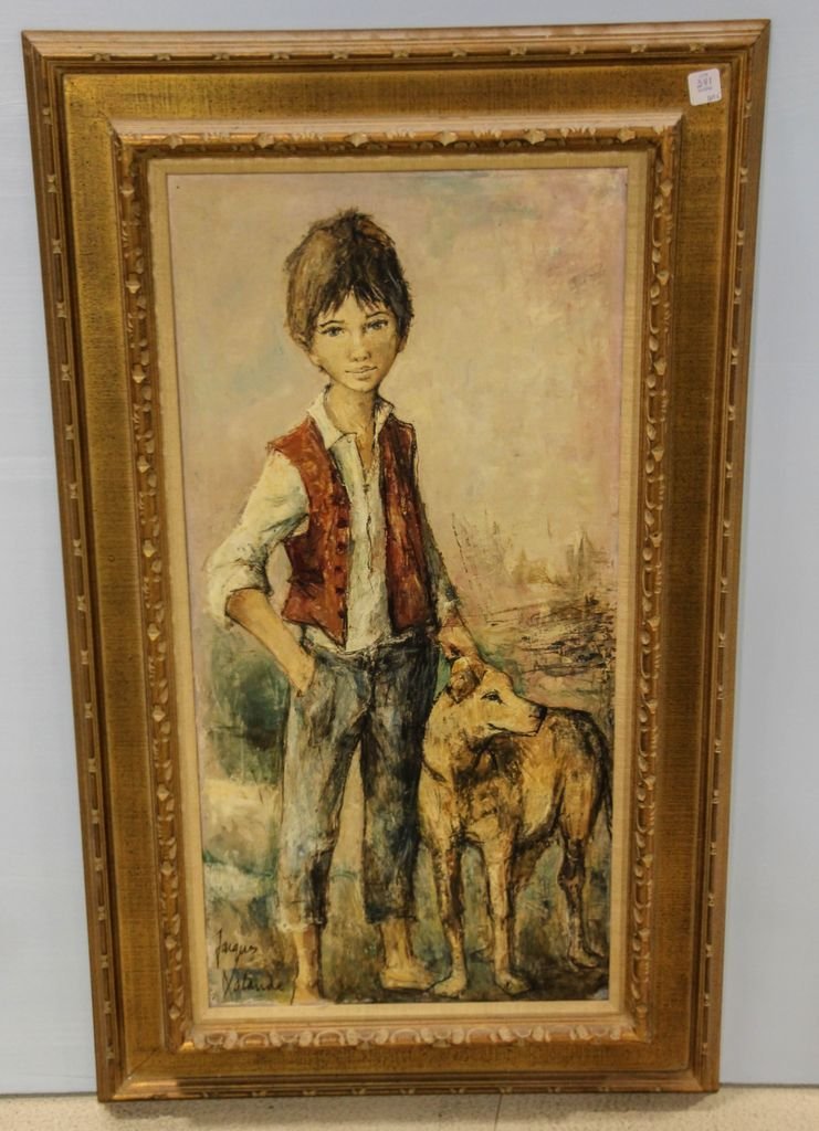 Mid Century Oil on Canvas of Boy and Dog Signed Jacque: Mid Century oil on canvas of boy and dog signed Jacque Xalande; 24" w, 41" h.