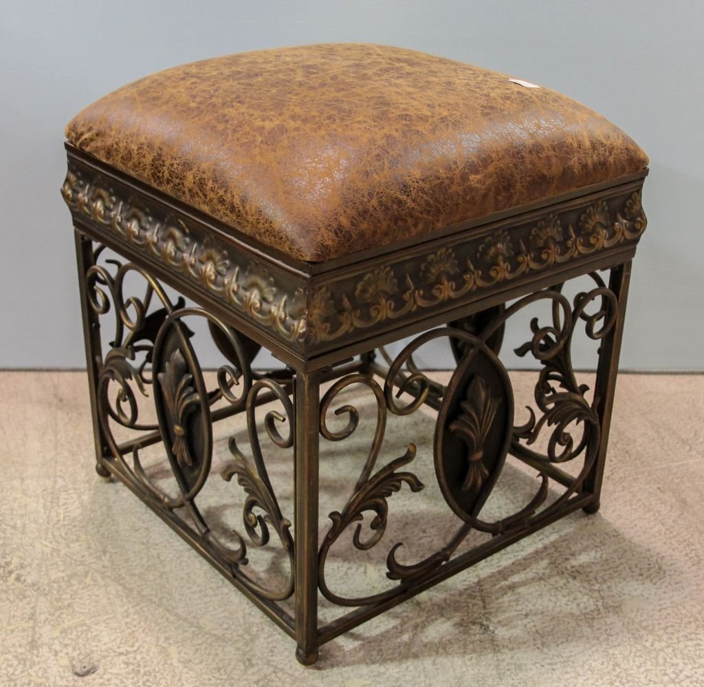 Ornate Stool: Ornate iron and leather stool; 18" square, 20" h.