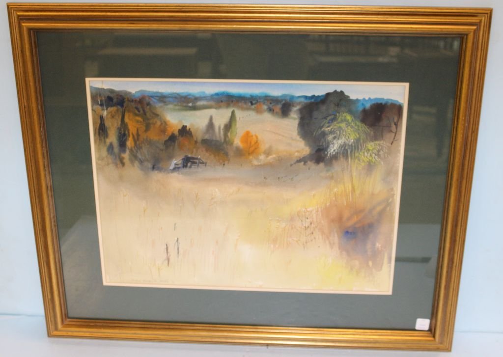 Mildred Nungester Wolfe Watercolor: Mildred N. Wolfe, (Mississippi). Watercolor of field with house. Signed and dated 1971 in the lower left.