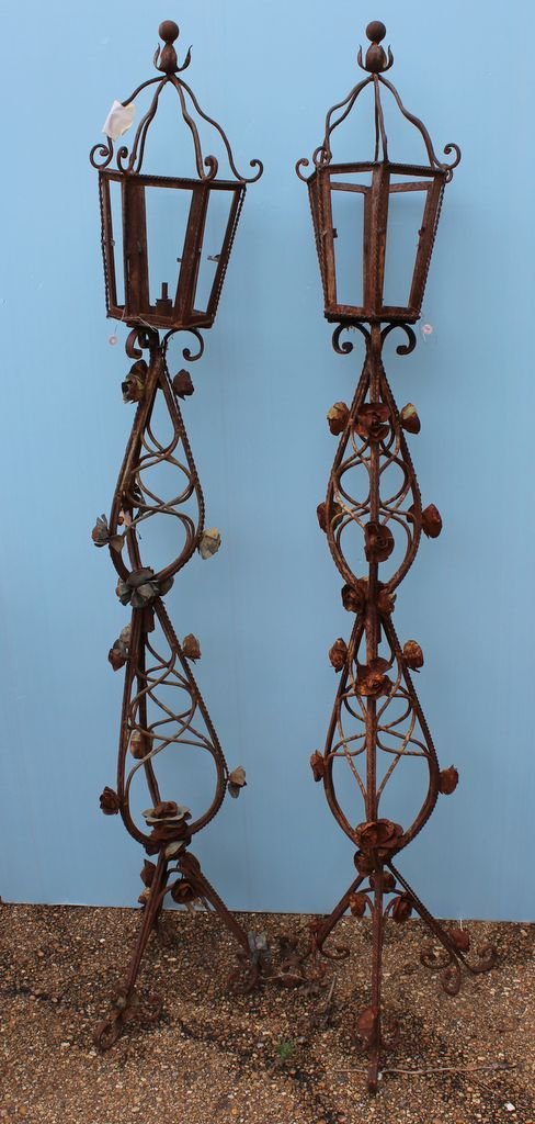 Pair of Rose Decorated Iron Candleholder Lanterns (1 of 1)