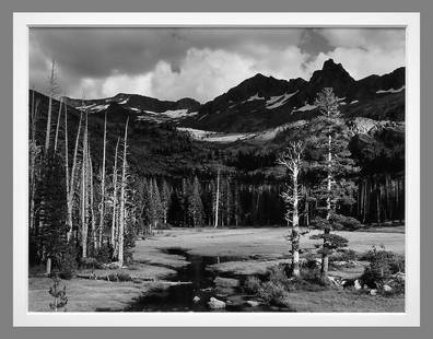 Ansel Adams (1902 - 1984) Peaks & Meadow, Lyell Fork Merced River, Yosemite 7"x9.25" SEP Photograph: That's Mt. Ansel Adams in the upper right Gelatin silver photograph Printed by Alan Ross in the mid to late 1980s Alan Ross worked under Ansel’s direct observation from 1975 until 1984, and has been