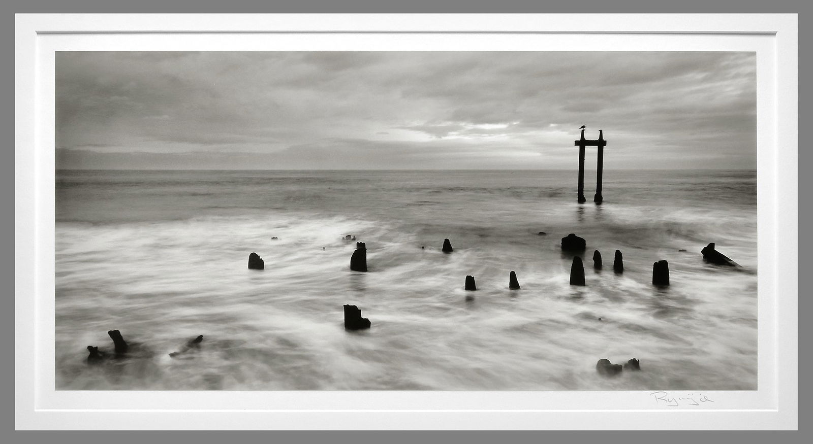 Ryuijie (1950 - ) Signed 2007 Pier - Moss Landing Ca 9.5"x19" Oversized Vintage Photograph #7/10: WOW!! Taken and printed in 2003 Gelatin silver photograph Signed under the photo with title and dates on the back Mounted/matted to 20"x28" museum board Ryuijie was born in Otaru, Japan. As a young ch