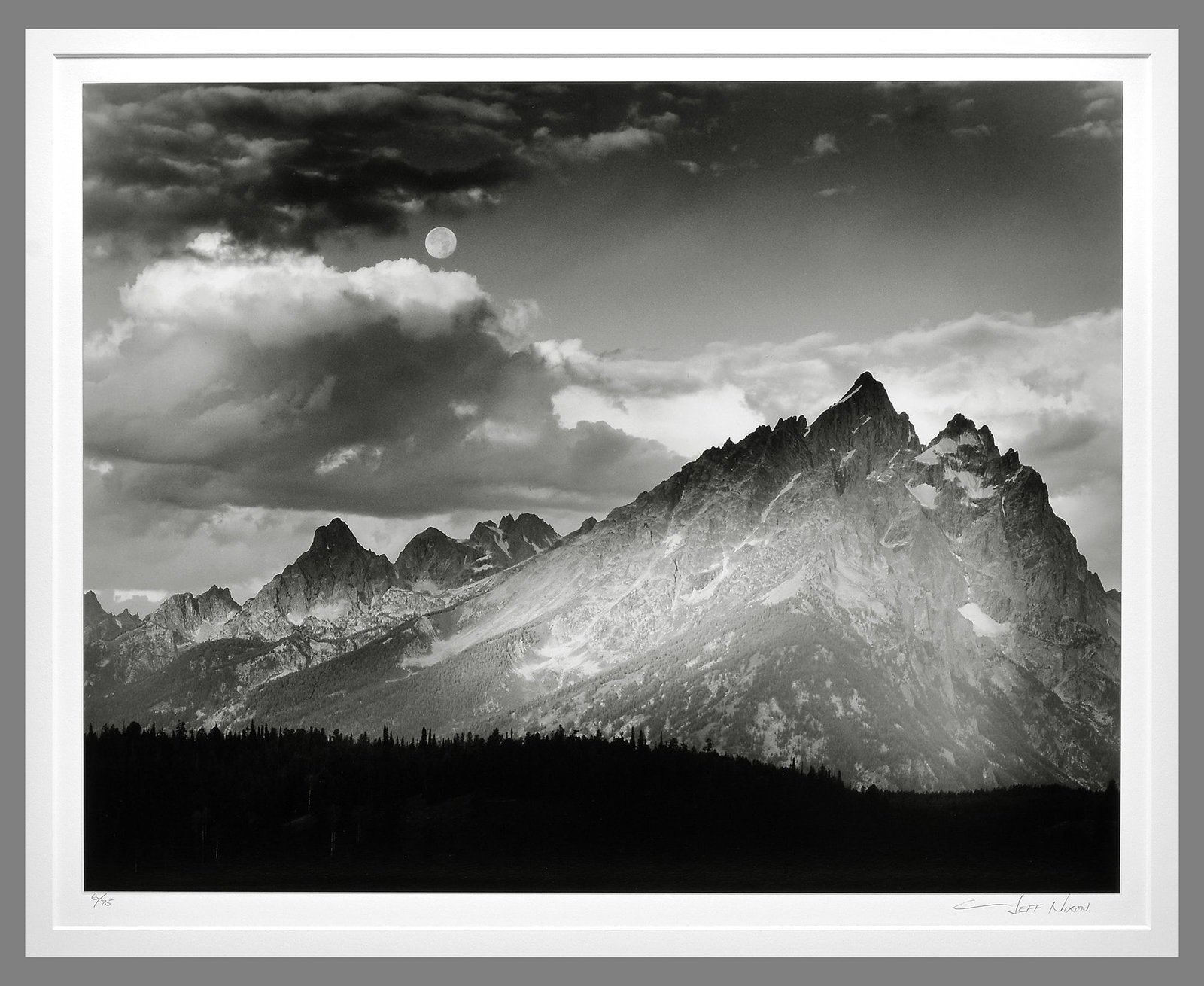 Jeff Nixon (1952 - 2022) Signed Tetons, Sunrise, Moonset 15"x19" Photograph - Rare Size!!: Gelatin silver photograph Signed under the image with photographer's stamp on the back as shown Taken in the 1980's, printed in Dec. of 2012 Mounted and matted with 22"x28" museum board Jeff Nixon beg