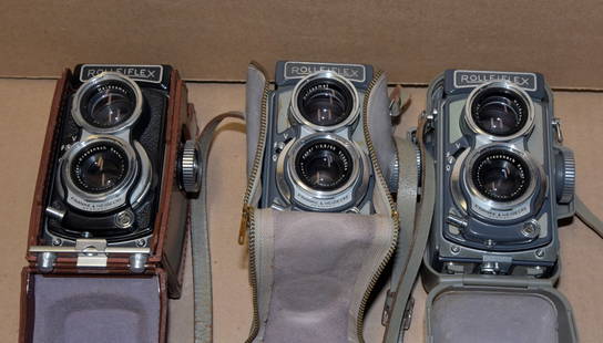 Three Rolleiflex 4x4 "Baby" Cameras with Cases & Caps - Not Tested -  No Reserve!!: Camera Serial #'s from left to right, 2064217, 2004489, 2026649 The Rolleiflex “Baby&rdquo; models are twin lens reflex cameras made by Rollei. The Rolleiflex “Baby&rdquo; lineage goes all the way