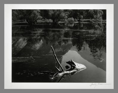 Morley Baer (1916 - 1995) Signed Floating Log - Yosemite (?) 7.5"x9.5" Photograph - Rare!!: Gelatin Silver Photograph Signed under the image, photographer's early Monterey, Ca stamp on the back. Mounted to 14"x16" mount board Morley Baer worked in photography with a quiet perseverance for ne