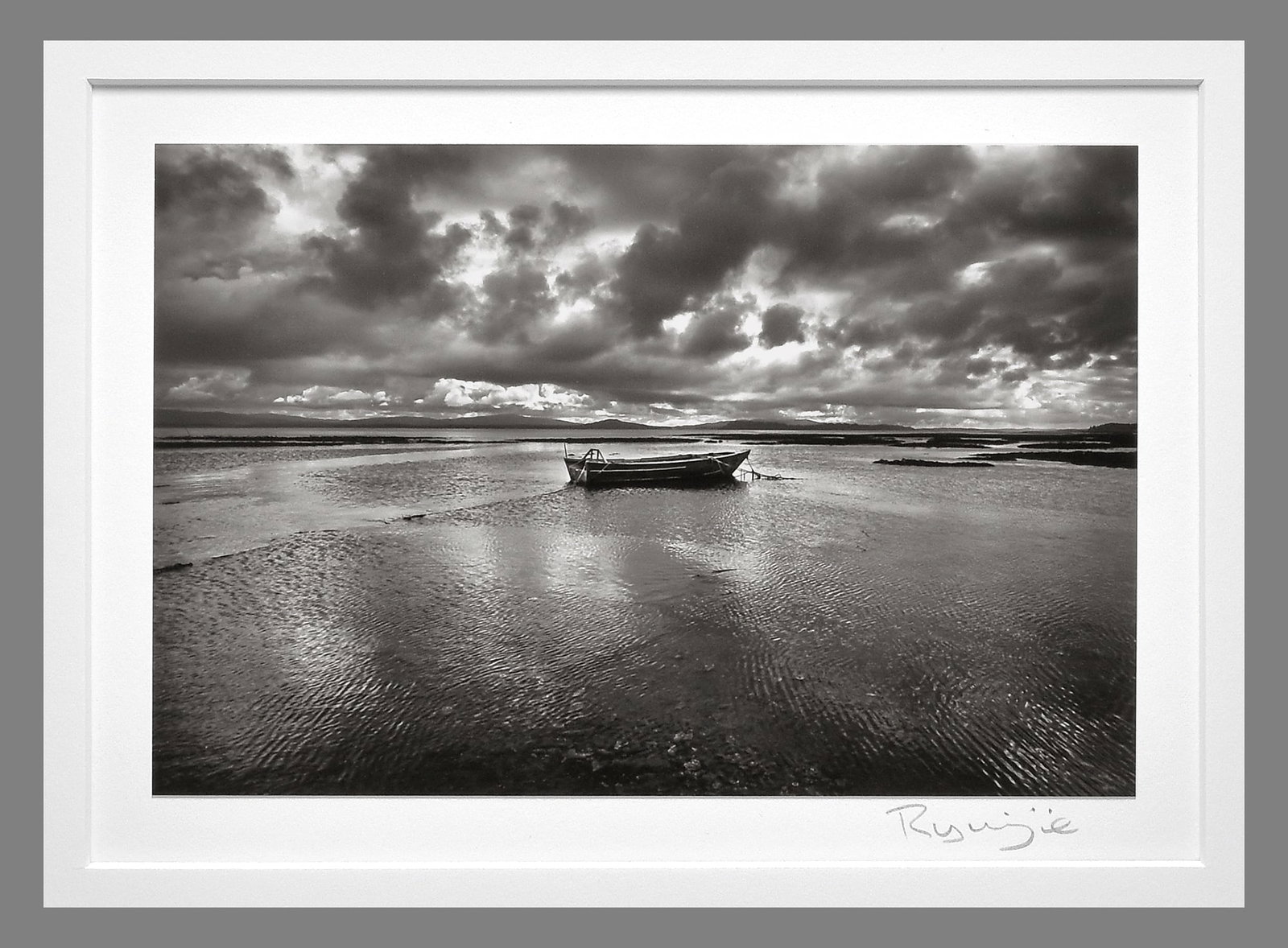 Ryuijie (1950 - ) Signed 2021 Boat, Oysterville, Washington 5.5"x8" Photograph # 1/10: Another Classic Ryuijie Handcrafted Original Photograph!! Gelatin silver photograph, printed on the incredible warm tone Bergger Prestige fiber base paper Signed under the photograph, with title and d