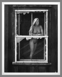 Brad Cole (1957 - ) Signed 1983 Untitled Model in Old Window 13"x10" Photograph: In the style of Wynn Bullock Gelatin silver photograph Signed under the image on the mat, signed again with title and date on the back Corner mounted/matted with 22"x28" museum board Brad Cole’s wor